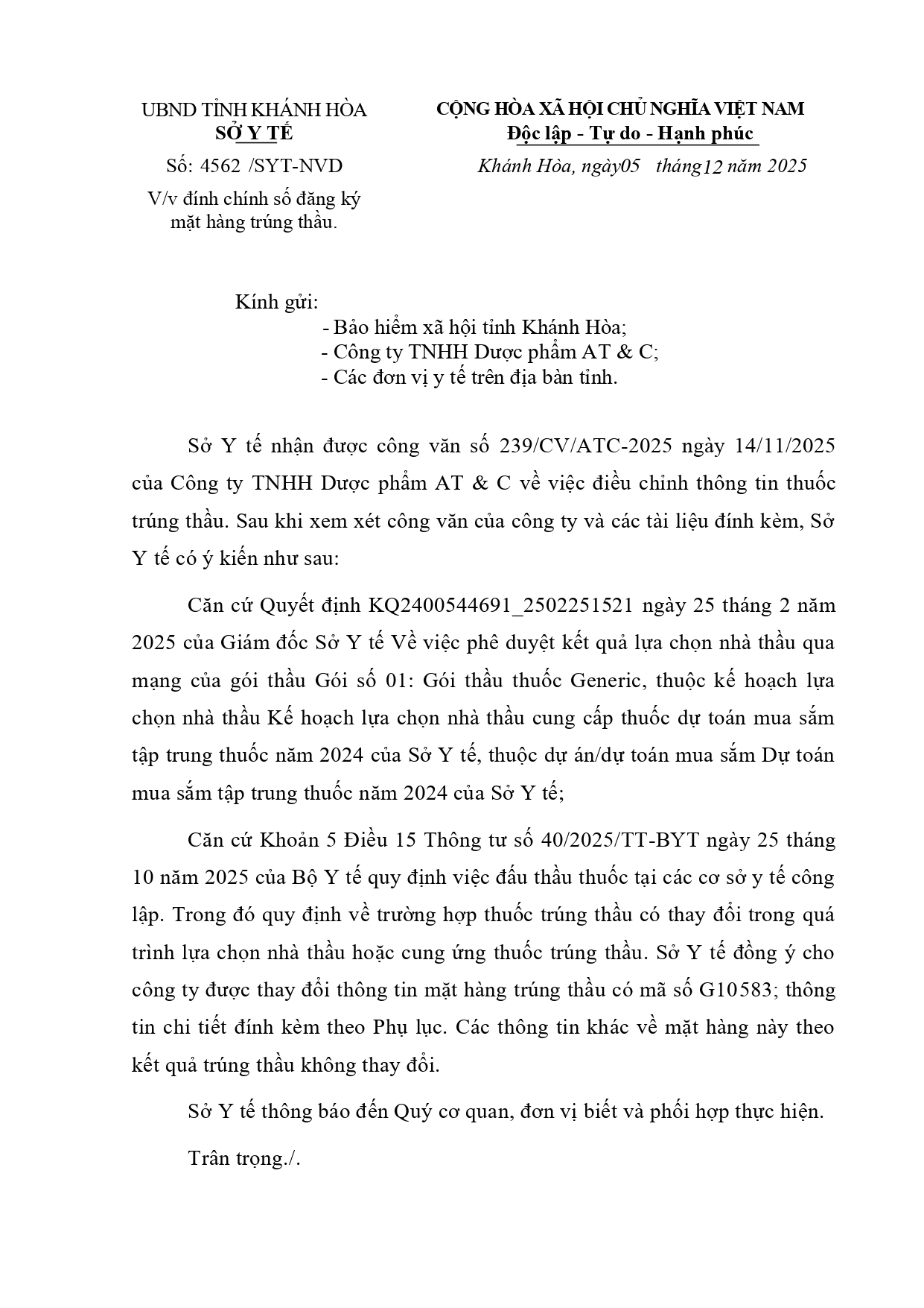 V/v đính chính số đăng ký mặt hàng trúng thầu.